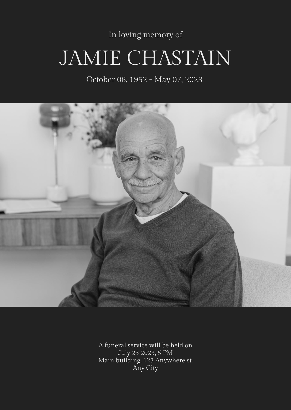 Black memorial program design with a portrait and service details